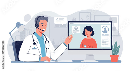 Doctor offers telehealth consultation to patient remotely using video call technology offering modern healthcare