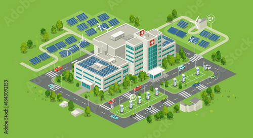 Modern hospital using solar energy and wind power with electric vehicle charging stations isometric view
