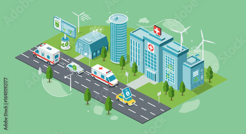 Modern hospital with ambulances, wind turbines, and electric cars showcasing eco-friendly healthcare solutions