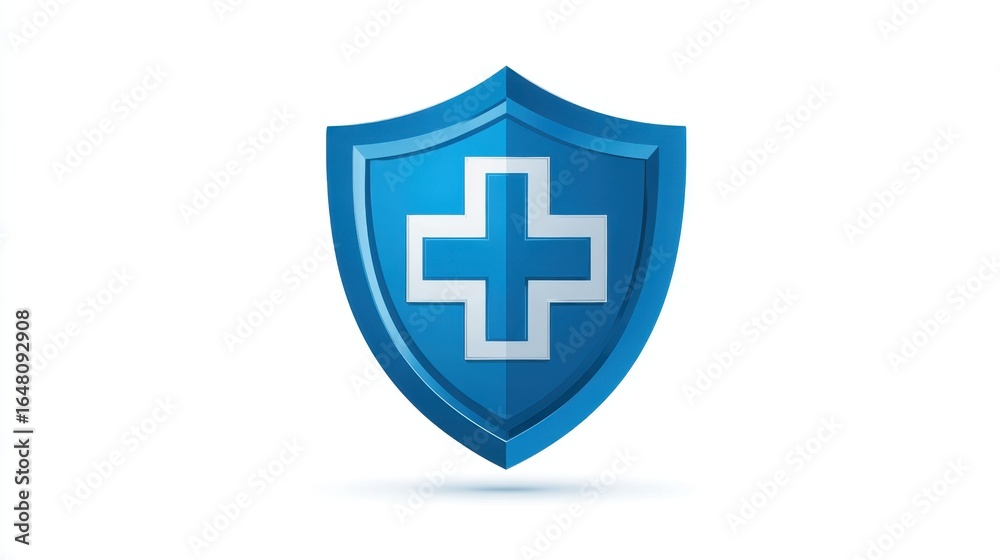 Obraz premium Medical shield protecting white healthcare cross, representing safety and insurance protection with minimalist blue and white graphic design elements