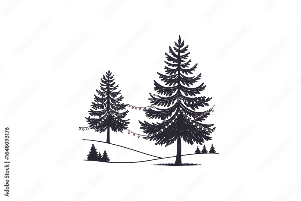 Obraz premium Evergreen trees on a hill with string lights on a white background silhouette
