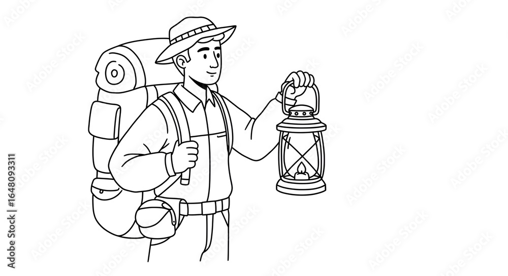Fototapeta premium Vector illustration of a male hiker with a backpack and vintage lantern, ready for a camping adventure or exploration.