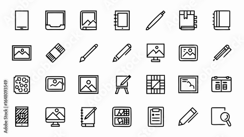 Collection of modern, minimalist icon set designs for digital media, website creation, marketing, and creative projects, perfect for visual communication