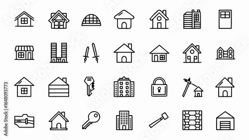 Modern minimalist house and real estate icons perfect for property developers, home builders, and interior design projects, offering visual appeal