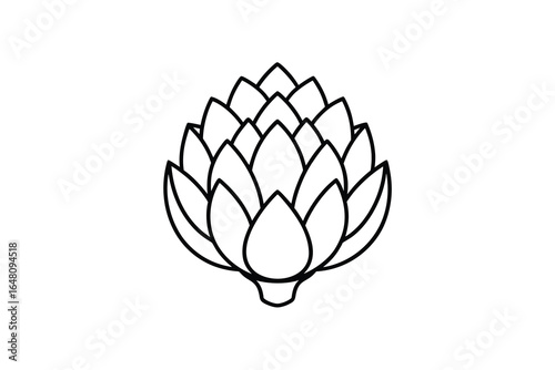 A black line drawing of an artichoke on a white background silhouette