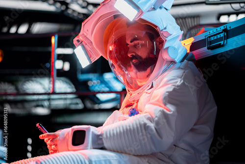 Tableau sur toile Astronaut looks at photos of loved ones on smartphone before losing consciousness, from low oxygen levels