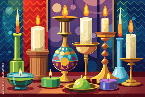 vector of Candles and glass or metal candlesticks