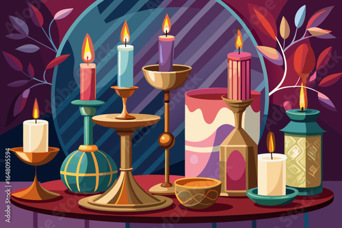 vector of Candles and glass or metal candlesticks