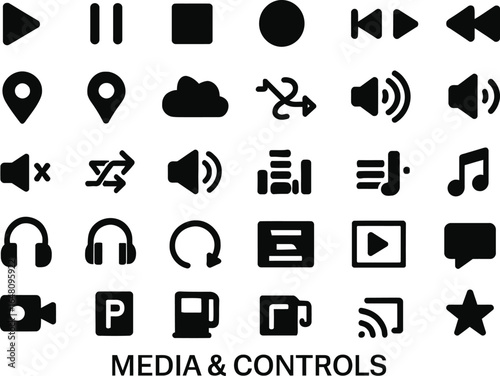 Essential Media & Controls Icons A Comprehensive Set of Play, Pause, Volume, and Location Symbols for User Interfaces
