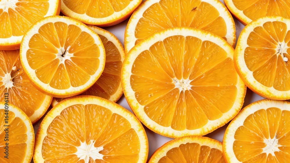 Fototapeta premium Vibrant Overhead Shot of Juicy Orange Slices: Fresh, Zesty, and Healthy Citrus Fruit Background.