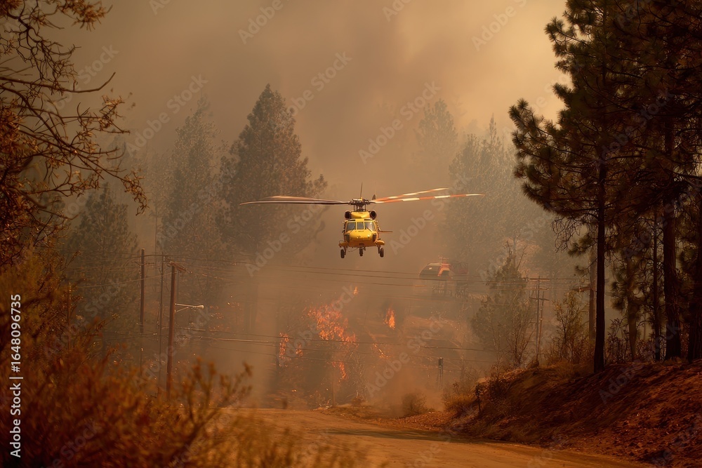 Fototapeta premium A helicopter hurries to assist in extinguishing a wildfire