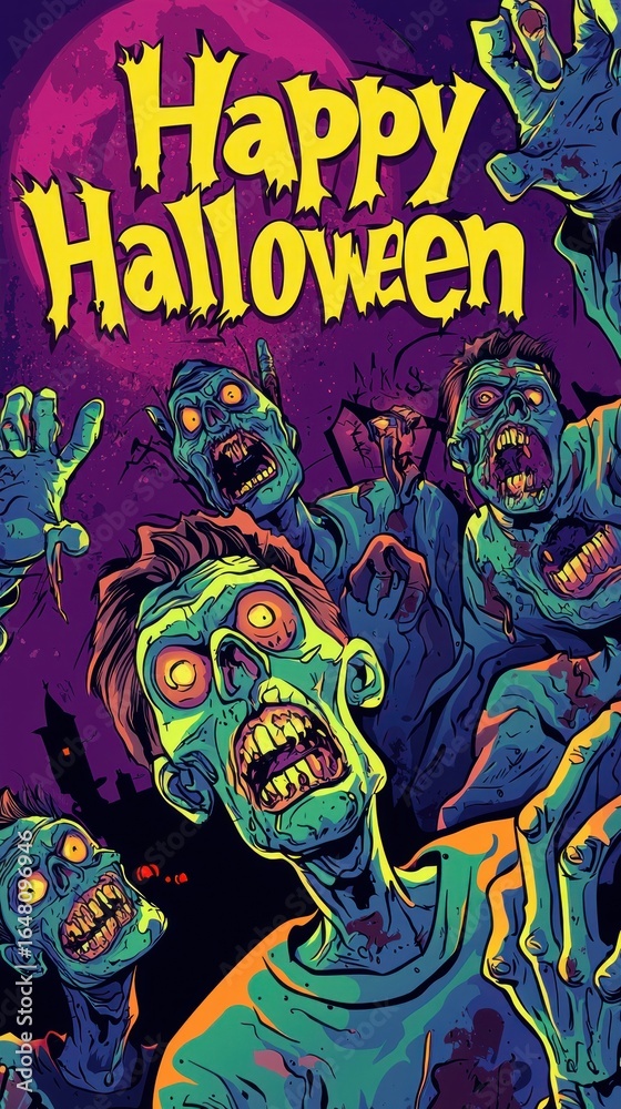 Obraz premium Happy Halloween Halloween Concept Greeting Card with Zombies and Copy, Text. Halloween Post Card with Zombies. Halloween Concept Poster with Copy, Text. Halloween Party Invitation Card.