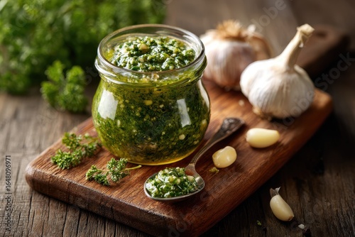 A jar of green pesto on a wooden platter