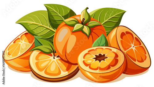 Freshly sliced persimmons reveal vibrant orange color and glossy green leaves, perfect for culinary creations and healthy recipes, glowing with natural sweetness and artistic elegance in a refined pre