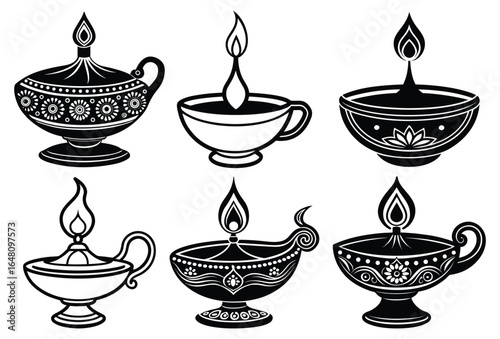 Black and white candles and vases with simple food and drink icons in vector style
