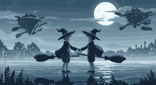Magical Moment Young Witches Holding Hands on Broomsticks Under the Moonlight