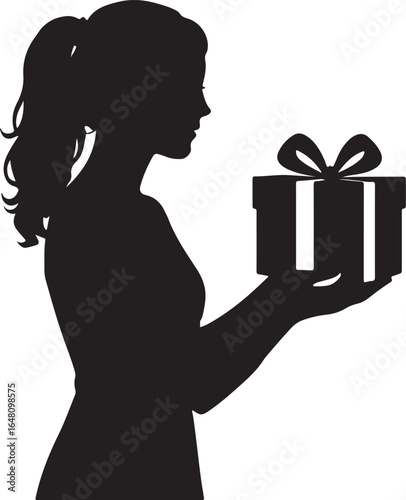 Silhouette of a woman with ponytail holding a gift box with a bow female hair