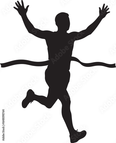 Black silhouette of a male runner crossing a finish line with arms raised in victory running winning