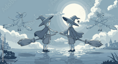 Whimsical Witchcraft Two Figures with Brooms on a Serene Night, Pixel Art Style
