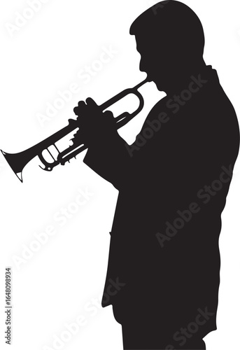 Black silhouette of a man playing a trumpet on a white background musician brass instrument