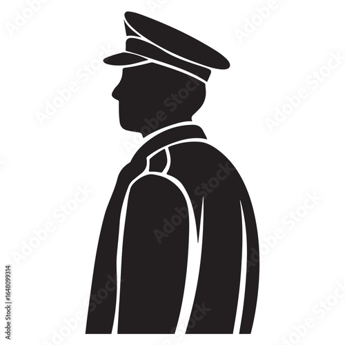 Black silhouette of a man in a peaked cap and uniform jacket male person