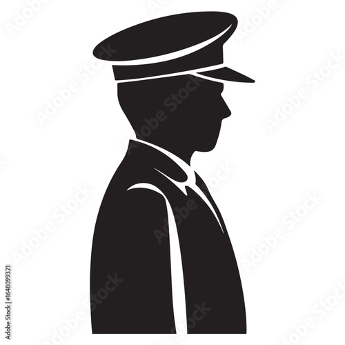 Black silhouette of a man in a peaked cap and suit jacket profile