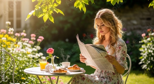 young woman reading newspaper on breakfast in the garden of her house