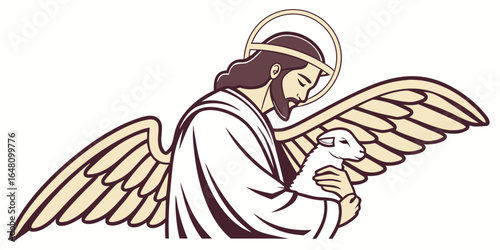 Illustration of a winged figure with a halo holding a lamb in its arms on a white background created with generated ai