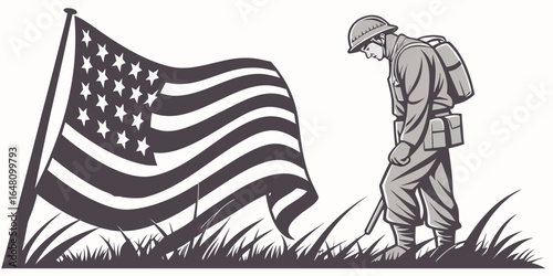 Silhouette of a soldier with american flag in grass honoring veterans on memorial or veterans day created with generated ai