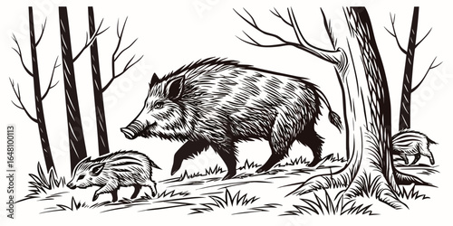 A black and white drawing of a family of wild boars walking through a forest with tall trees around them created with generated ai