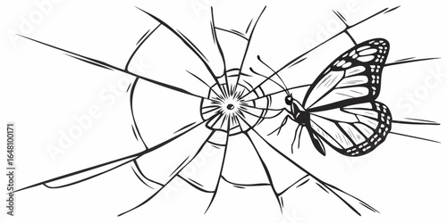 Monarch butterfly perched on a cracked glass surface with radial fracture lines in black and white art created with generated ai