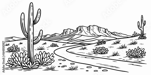 Illustration of a desert landscape with cacti, mountains, and a winding road in a simple line art style created with generated ai