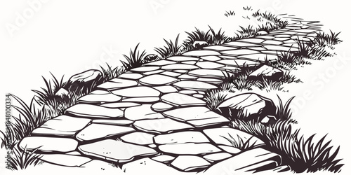 A black and white illustration of a stone path with grass and rocks along the sides of the path created with generated ai