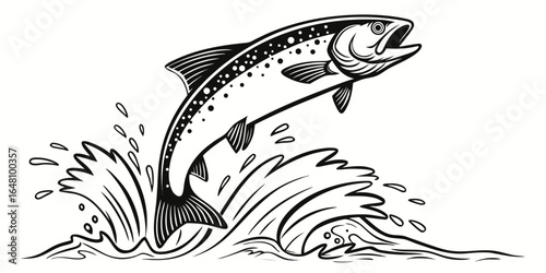 Black and white drawing of a fish jumping out of water with splashes and detailed line work design created with generated ai