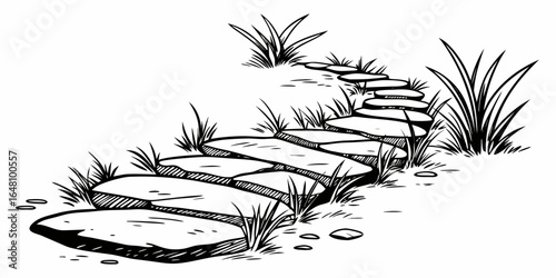 A winding stone path through grass in a simple black and white line drawing illustration style image created with generated ai