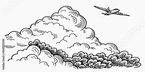 Illustration of an airplane flying above a large cumulus cloud formation in a clear sky drawing style created with generated ai