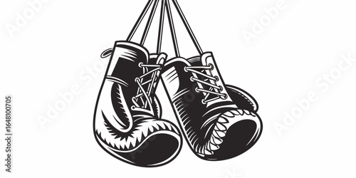 Illustration of hanging boxing gloves with laces in a black and white color scheme design style created with generated ai