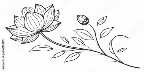 Line art drawing of a lotus flower with a bud and leaves on a curving stem illustration art created with generated ai