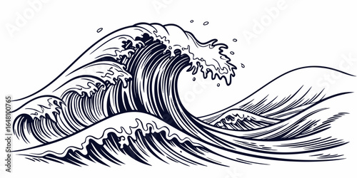 Stylized monochrome illustration of ocean waves with detailed line work and dynamic water movement created with generated ai