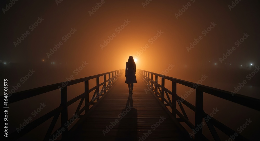 Fototapeta premium Enigmatic Figure Traversing Fog-Laden Bridge at Nightfall Illuminated by Distant Light