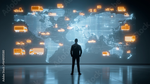 Man looking at world map with trucks indicating global distribution network