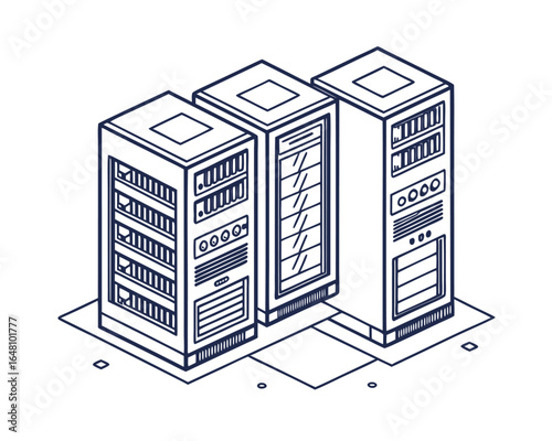 Isometric server racks vector illustration for data center or technology infrastructure in blue outline on white background graphic resource