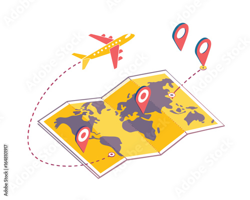 Airplane Flying over World Map with Destination Markers Showing Travel and Tourism Planning for Global Adventures and Vacations