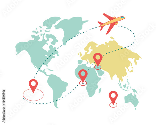 Global air travel route with airplane and map pins destinations worldwide vacation and business trip vector illustration