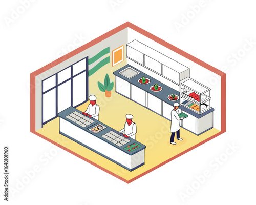 Isometric view of a commercial kitchen with chefs preparing food professionally and efficiently in a well equipped restaurant