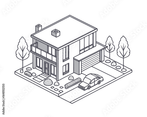 Isometric House Illustration with Car Garage and Trees for Architectural Visualization and Real Estate Marketing Depicting Modern Home Design