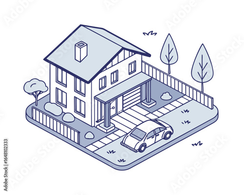 Isometric Home Illustration with Car and Yard Featuring Clean Lines and Modern Design for Real Estate Marketing