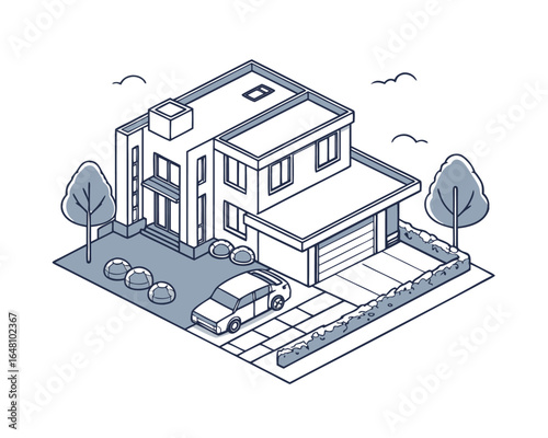 Isometric View of a Modern House with Car Trees and Bushes Depicting Residential Living and Suburban Architecture