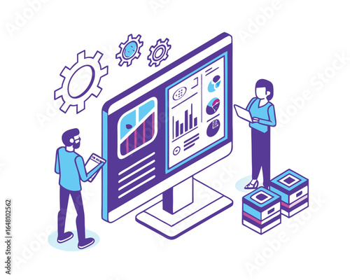 Data analysis illustration depicting teamwork and collaboration with insights on a large computer screen for business strategy planning