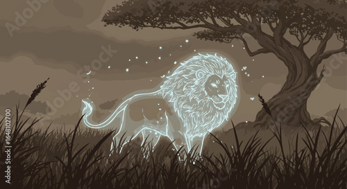Luminous Spirit of the Savannah A Majestic Glowing Lion Embodies Mystical Power and Wild Essence in an Atmospheric Digital Illustration of African Nature.